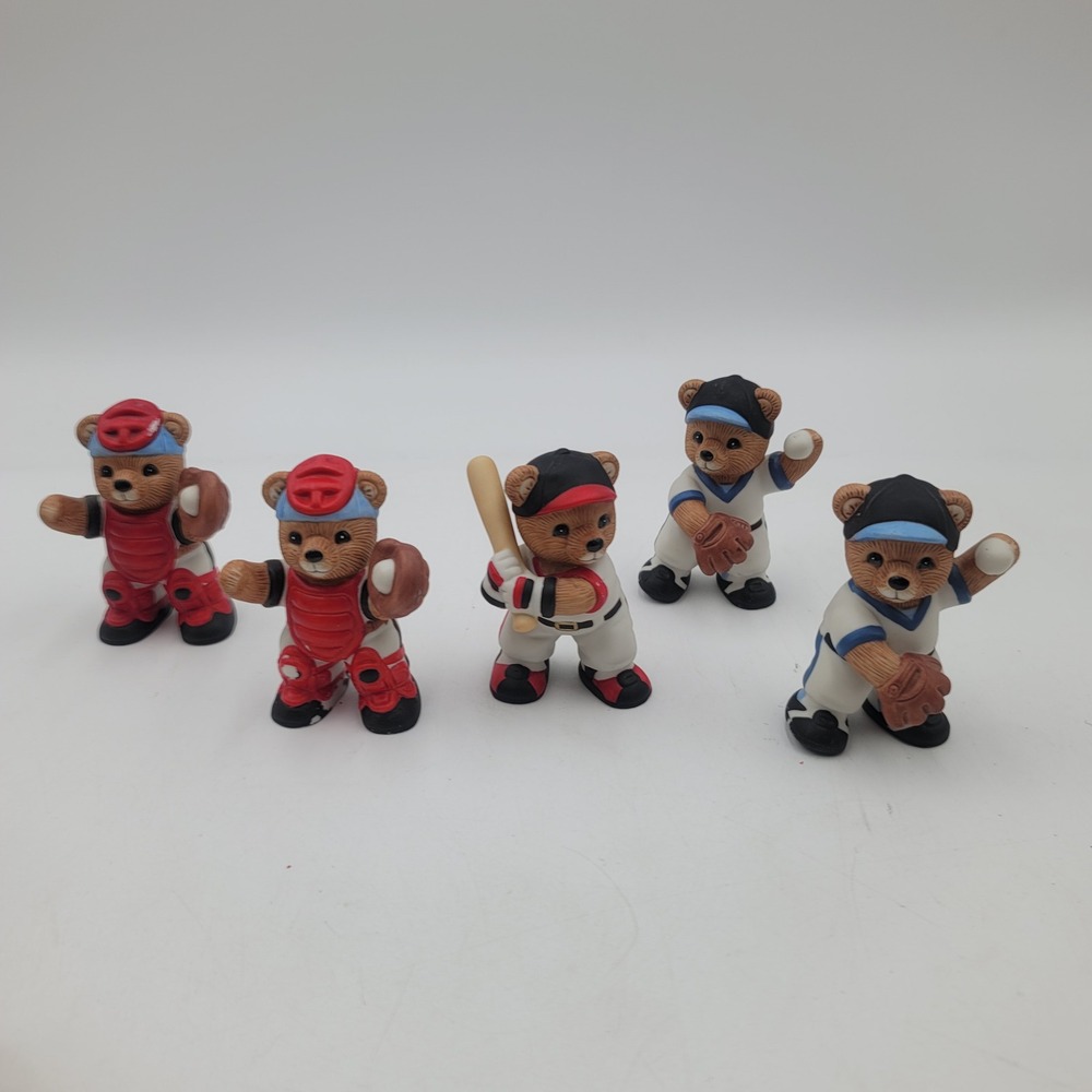 Vintage H&H Baseball Teddy Bear Figurines Set of 5 Ceramic Sports Decor 1403